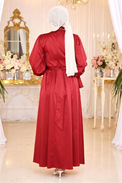 İncili Saten Abiye Bordo 19121