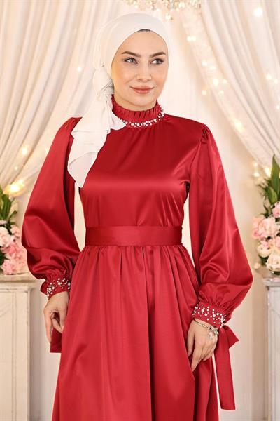 İncili Saten Abiye Bordo 19121