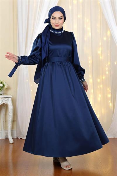 İncili Saten Abiye Lacivert 19121