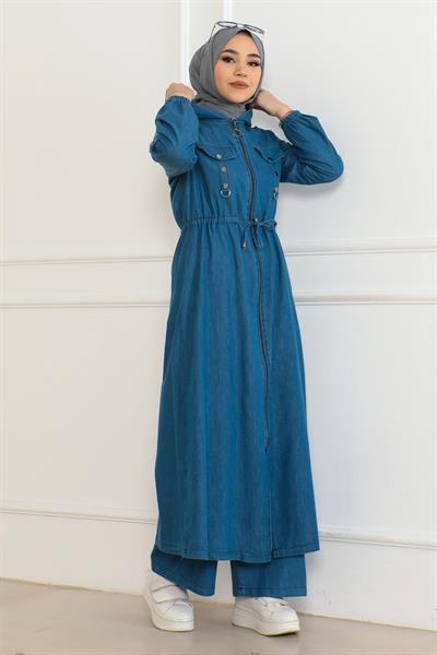 Kapşonlu Beli Bağcıklı Kot Takım Açık Mavi 19235