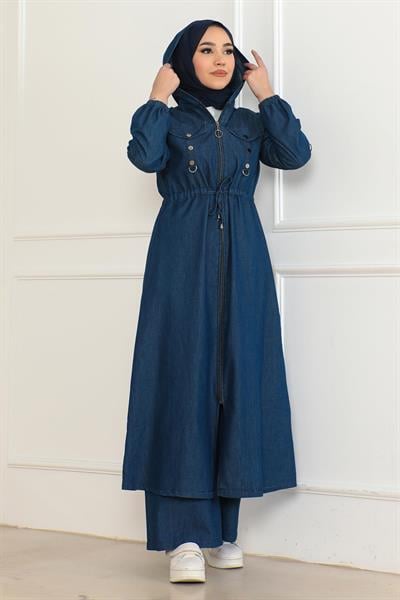 Kapşonlu Beli Bağcıklı Kot Takım Koyu Mavi 19235