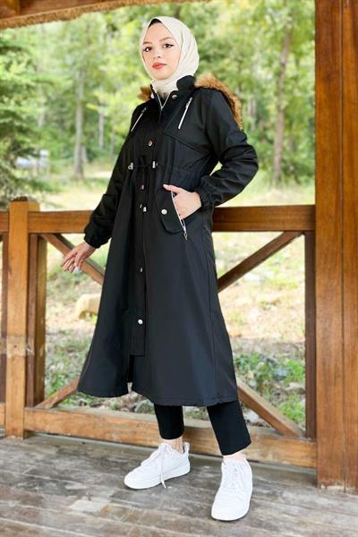 Kapşonlu Fermuarlı Mont Siyah 10349
