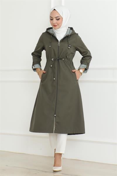 Kapşonlu Fermuarlı Trençkot Haki 19205
