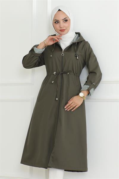 Kapşonlu Fermuarlı Trençkot Haki 19205