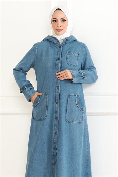 Kapşonlu Kot Mont Açık Mavi 19230