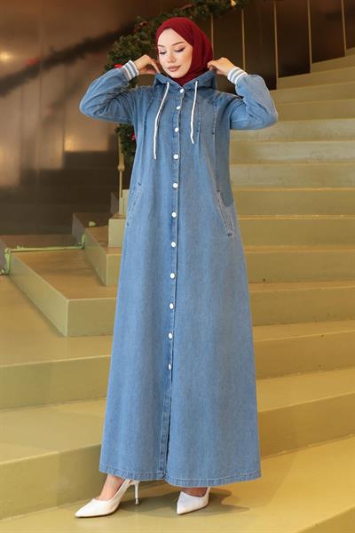 Kapşonlu Ribanalı Kot Ferace Açık Mavi 19280