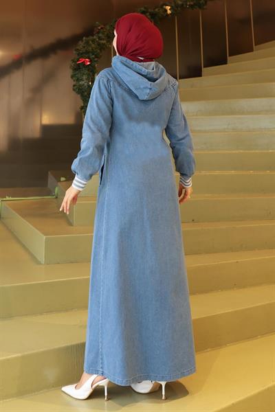 Kapşonlu Ribanalı Kot Ferace Açık Mavi 19280