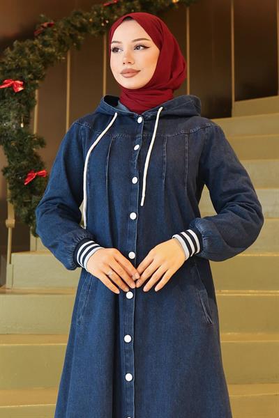 Kapşonlu Ribanalı Kot Ferace Koyu Mavi 19280