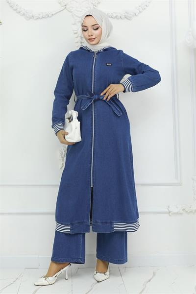 Kapşonlu Ribanalı Kot Takım Açık Mavi 19244