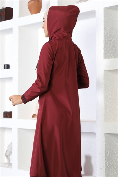 Kapşonlu Ribanalı Trençkot Bordo 10567