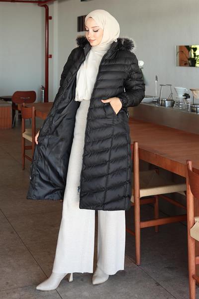 Kapşonlu Şişme Mont Siyah 6155