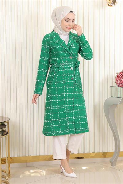 Kemer Detaylı Düğmeli Kaşe Kaban Zümrüt 19176