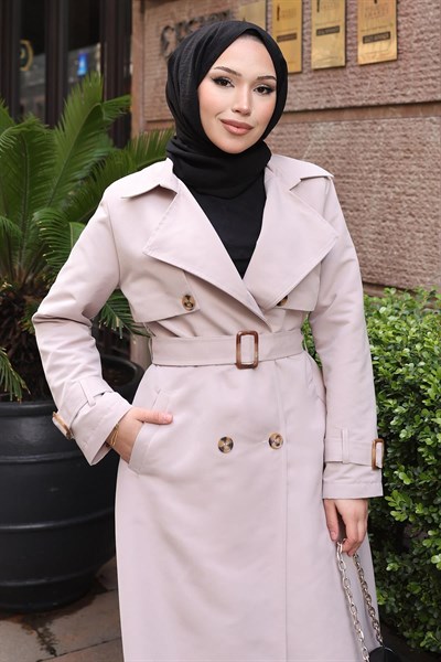 Kemer Detaylı Düğmeli Trençkot Bej 19301