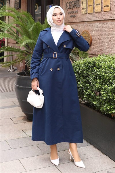 Kemer Detaylı Düğmeli Trençkot İndigo 19301