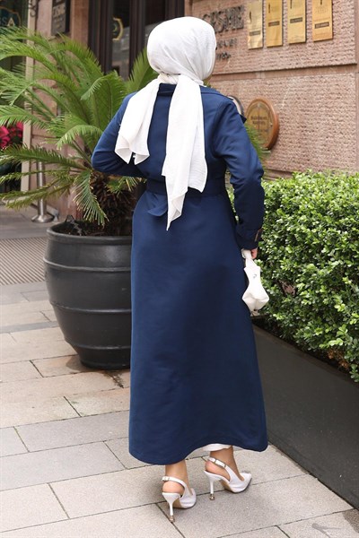 Kemer Detaylı Düğmeli Trençkot İndigo 19301