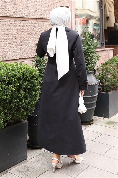 Kemer Detaylı Düğmeli Trençkot Siyah 19301