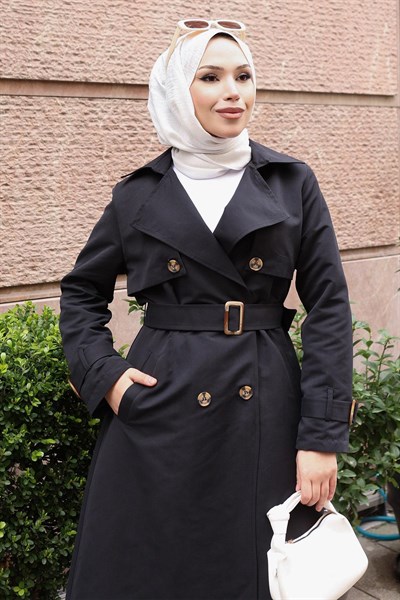 Kemer Detaylı Düğmeli Trençkot Siyah 19301