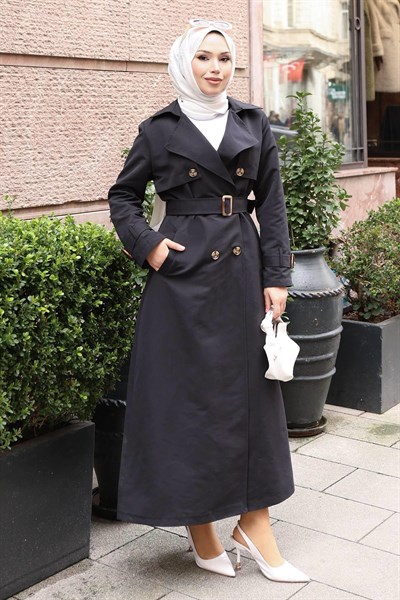 Kemer Detaylı Düğmeli Trençkot Siyah 19301