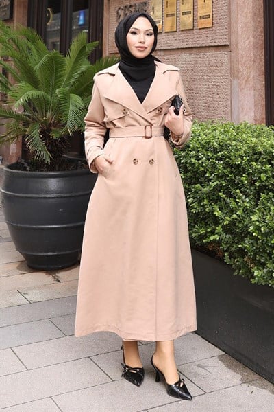 Kemer Detaylı Düğmeli Trençkot Vizon 19301