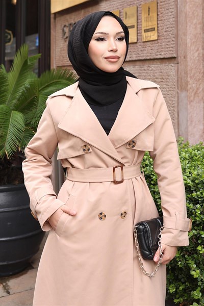 Kemer Detaylı Düğmeli Trençkot Vizon 19301