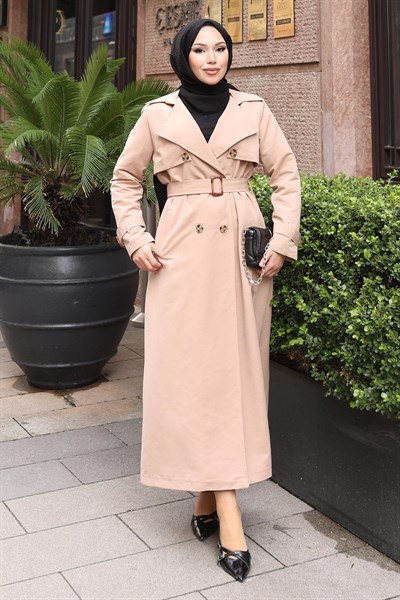 Kemer Detaylı Düğmeli Trençkot Vizon 19301