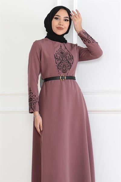 Kemer Detaylı Elbise Gül Kurusu 6116