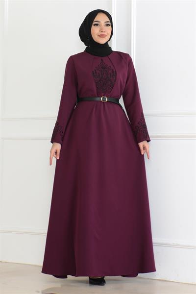 Kemer Detaylı Elbise Mürdüm 6116