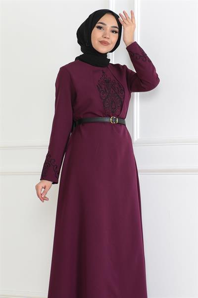 Kemer Detaylı Elbise Mürdüm 6116