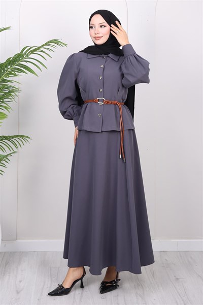 Kemer Detaylı Etekli Takım Gri 19287