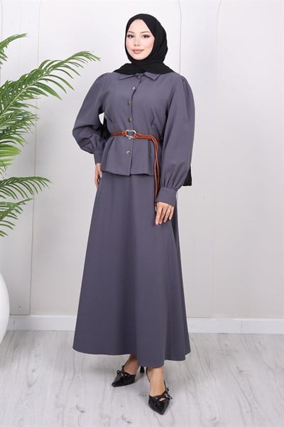 Kemer Detaylı Etekli Takım Gri 19287