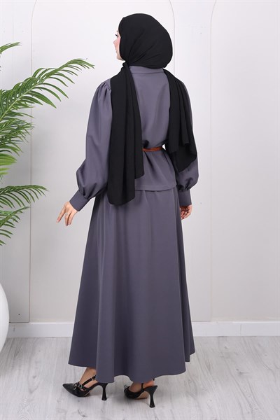 Kemer Detaylı Etekli Takım Gri 19287