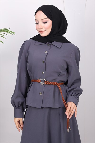 Kemer Detaylı Etekli Takım Gri 19287