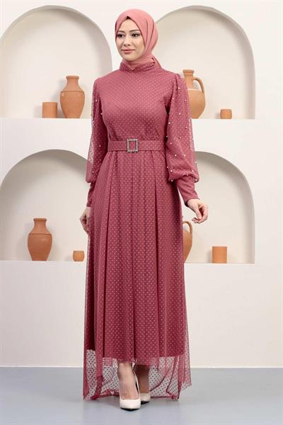 Kemeri Taşlı Tül Abiye Gül Kurusu 12242