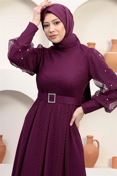 Kemeri Taşlı Tül Abiye Mürdüm 12242