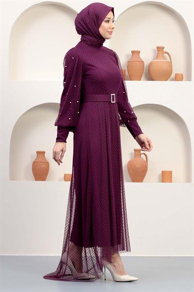 Kemeri Taşlı Tül Abiye Mürdüm 12242