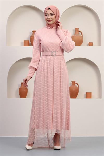 Kemeri Taşlı Tül Abiye Pudra 12242