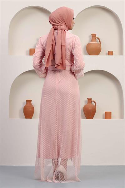 Kemeri Taşlı Tül Abiye Pudra 12242