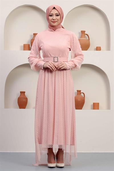 Kemeri Taşlı Tül Abiye Pudra 12242