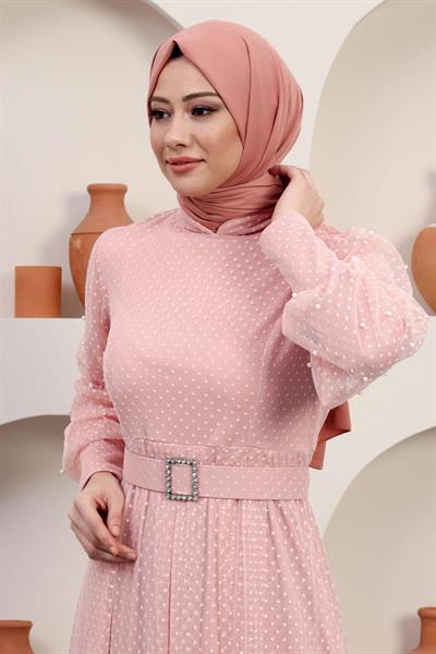 Kemeri Taşlı Tül Abiye Pudra 12242