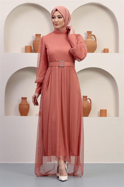 Kemeri Taşlı Tül Abiye Somon 12242