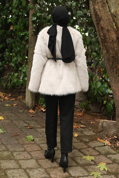 Kemerli Kürklü Ceket Beyaz 19278