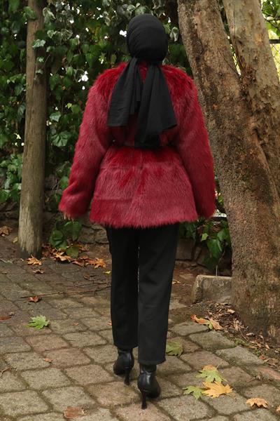 Kemerli Kürklü Ceket Bordo 19278