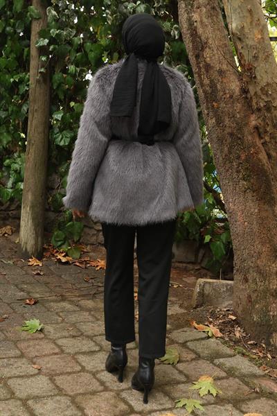 Kemerli Kürklü Ceket Gri 19278