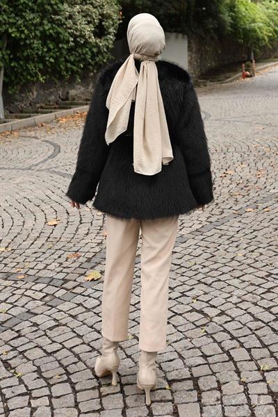 Kemerli Kürklü Ceket Siyah 19278