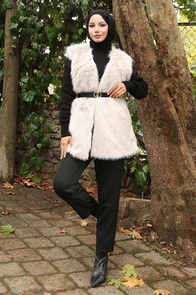 Kemerli Kürklü Yelek Beyaz 19372