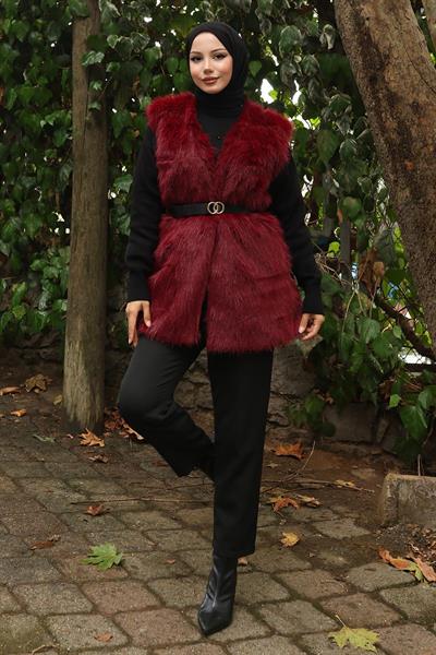 Kemerli Kürklü Yelek Bordo 19372