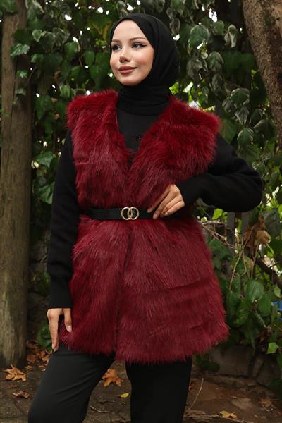 Kemerli Kürklü Yelek Bordo 19372
