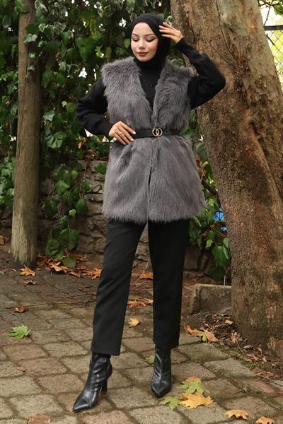 Kemerli Kürklü Yelek Gri 19372