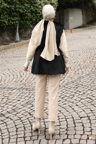 Kemerli Kürklü Yelek Siyah 19372