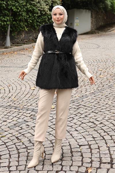 Kemerli Kürklü Yelek Siyah 19372